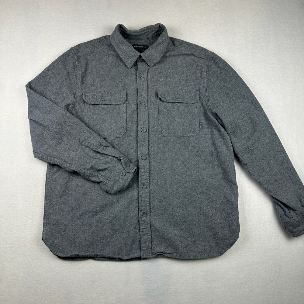 Eddie Bauer Flannel Shirt Mens L Gray Long Sleeve Cotton Button Up Casual Work